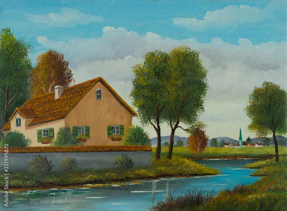 Haus am Fluß in der nähe von einem kleinen Ort Haus am Fluß in der nähe von einem kleinen Ort