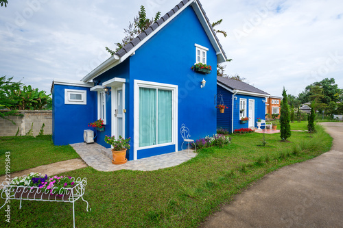 Two styles of blue house decorated with garden front and flower pot. Home style, simple decor.