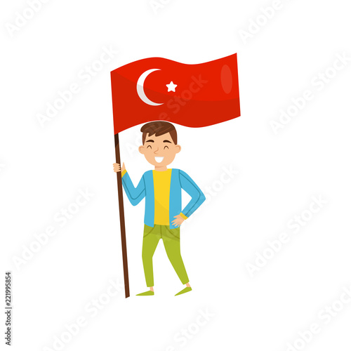 Boy holding national flag of Turkey, design element for Independence Day, Flag Day vector Illustration on a white background