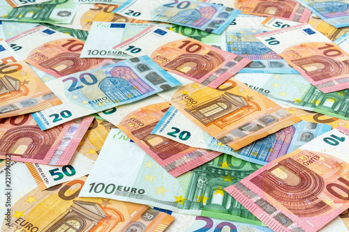 Scattered euro currency banknotes
