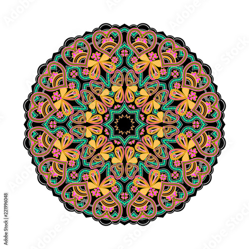 Fantasy oriental ornament done in kaleidoscopic style. Geometric circle vector image.