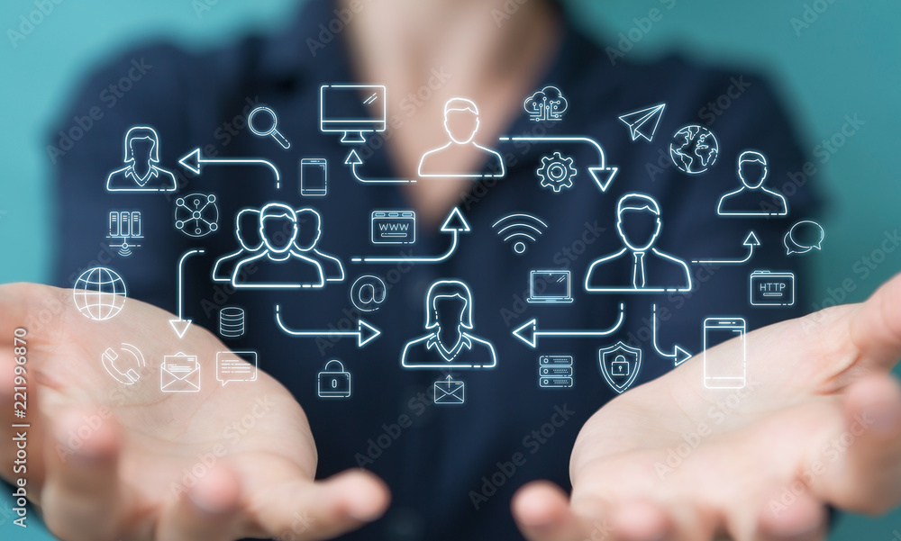 Businesswoman using thin line social network icons interface Businesswoman using thin line social network icons interface