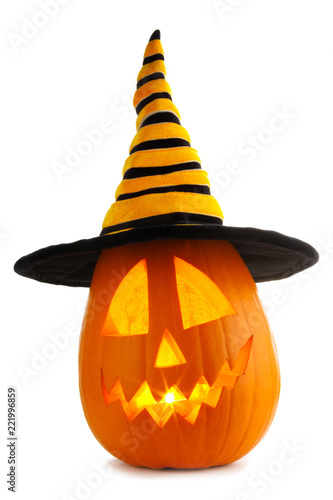 Halloween pumpkin with witches hat