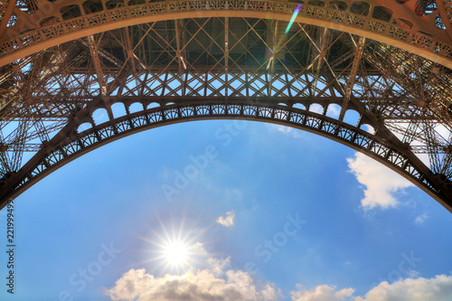 Sunny sunshine underneath the Eiffel tower in spring in Paris, France