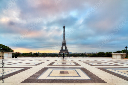 Beautiful morning view of the Eiffel tower seen from Trocadero square in spring in Paris, France 