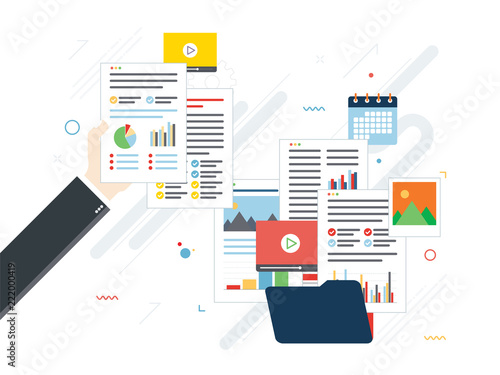 Folder with finance documents, data file, video and photo. Hands with data sheets in analysis. Contract agreement signature. Business paperwork organization concept in flat design vector illustration.