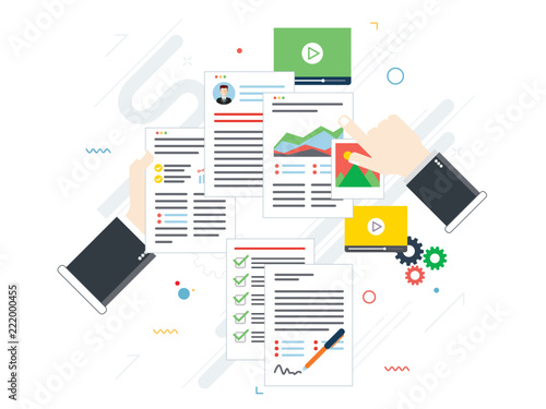 Folder with finance documents, data file, video and photo. Hands with data sheets in analysis. Contract agreement signature. Business paperwork organization concept in flat design vector illustration.