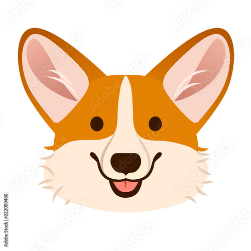 Corgi dog cute cartoon vector portrait.  Pembroke Welsh corgi puppy dog face, smiling with tongue out isolated on white. Pets, canine, dog lovers theme design element, flat contemporary style.