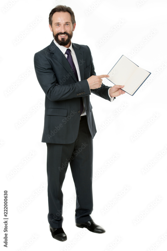 That is task for today. Businessman planning business schedule with notepad. Time management and organizing skill. Man bearded manager face create plan. Successful businessman planning isolated white That is task for today. Businessman planning business schedule with notepad. Time management and organizing skill. Man bearded manager face create plan. Successful businessman planning isolated white