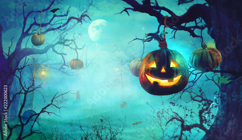 Halloween theme with pumpkins and dark forest. Spooky Halloween
