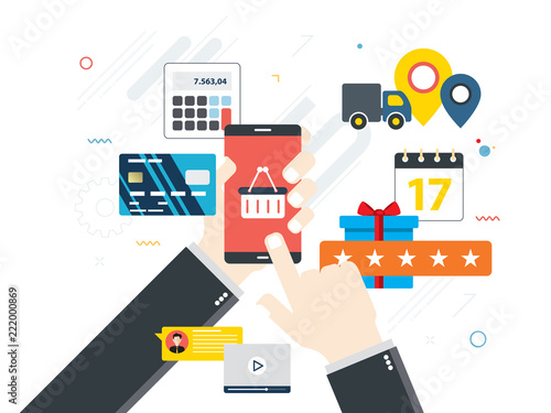 Hands holding smartphone and online shopping screen.Concept of online shopping, search of products and calculation of values, email with date of delivery and evaluation of the product and service.