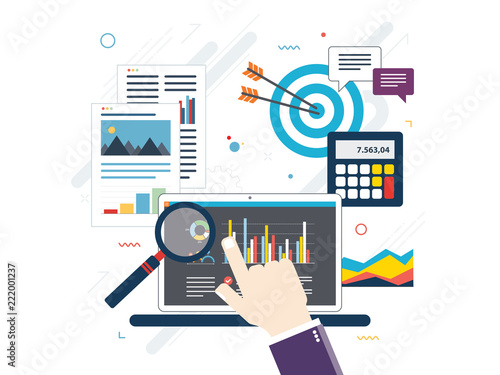 Concept of financial investment, analytics with growth report. Calculations and graphs of gains on the stock market and real cash earnings. Successful business.Flat design vector illustration 
