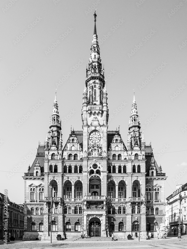 Town Hall on Edvard Benes Square in Liberec, Czech Republic. Black and white image. Town Hall on Edvard Benes Square in Liberec, Czech Republic. Black and white image.