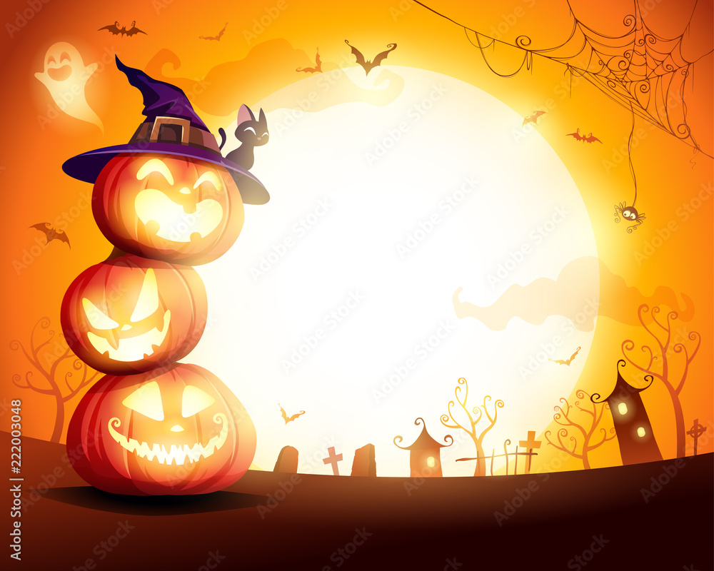 Fototapeta premium Halloween Pumpkin Pile. Stacked pumpkins in the moonlight. Jack O Lantern. 