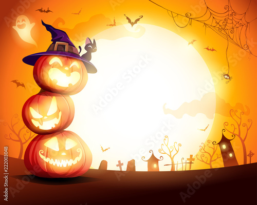 Halloween Pumpkin Pile. Stacked pumpkins in the moonlight. Jack O Lantern. 