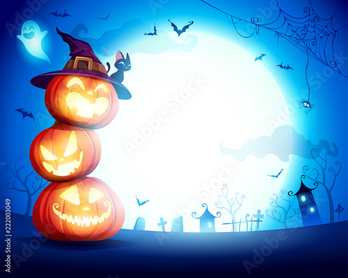 Halloween Pumpkin Pile. Stacked pumpkins in the moonlight. Jack O Lantern. 