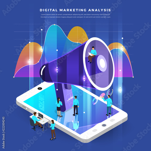 Isometric digital marketing teamwork