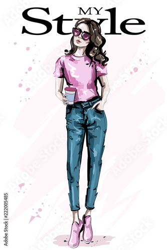 Hand drawn beautiful young brown hair woman. Stylish elegant girl. Fashion woman outfit. Sketch.