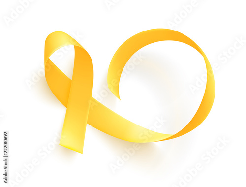 Realistic gold ribbon. World childhood cancer symbol, vector. Poster for cancer awareness month.