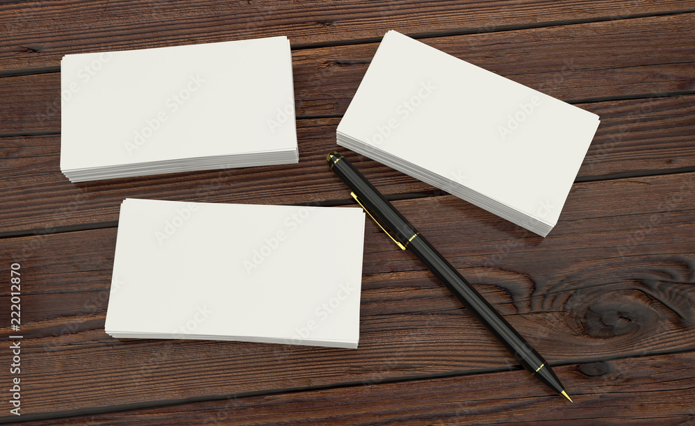 3D render of Blank white Business card presentation of Corporate id with black pen on wooden table