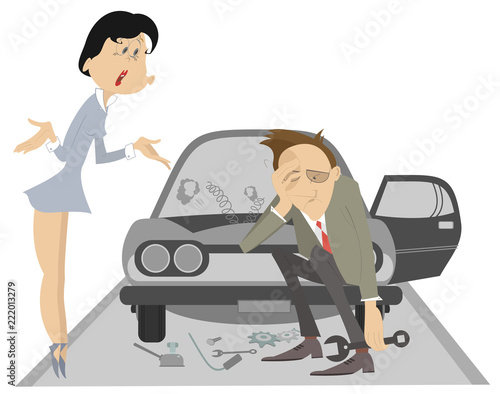 Sad man, angry woman and broken car illustration. Upset woman asks the man to do something with the broken car isolated illustration
