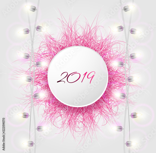 Christmas card with realistic vector fur ball and garland