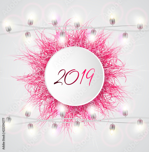 Christmas card with realistic vector fur ball and garland