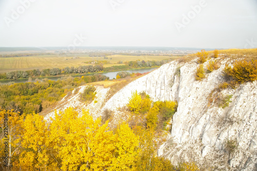 Autumn, October. Panoramic views of the chalk hills. Place - area in the natural architectural 