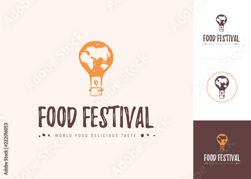 Vector food festival logo template in different color variants isolated. Restaurant, cafe, catering, food service emblem design. Air balloon, pot icon in grunge print style.