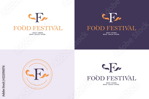 Vector food festival logo template in different color variants isolated. Restaurant, cafe, catering, food service emblem design. Monogram, minimalistic emblem design.