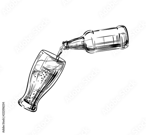 Beer from the bottle is poured into a glass, a mug. Kraft drink with frothy head for a convivial or celebratory toast. Hand drawing sketch for a menu of breweries, pubs and restaurants. Vector