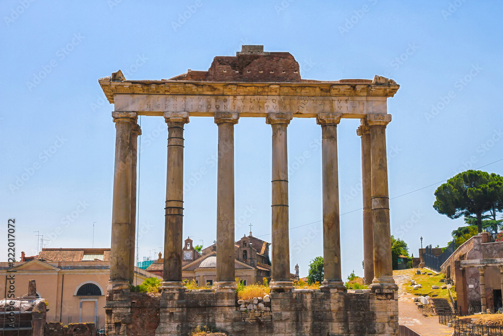 Closeup view on the details of the Forum Romanum in Rome, Italy on a sunny day.