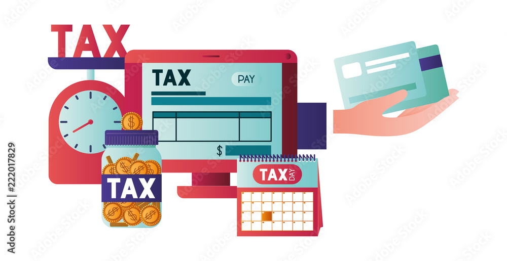 computer with tax on line and set icons computer with tax on line and set icons
