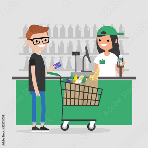 Supermarket register counter. Cashier. Grocery store. A client making a payment with a credit card. Daily life. Flat editable vector illustration, clip art
