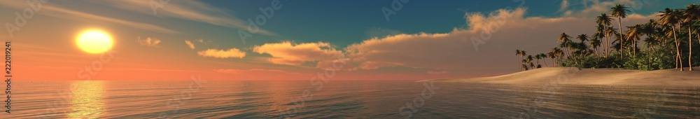 Sea sunset. Panorama of the sea landscape. Tropical beach at sunset.
