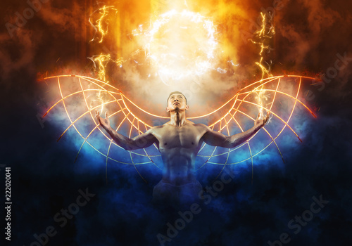 Fotografie Men summons evil forces and opens hell portal