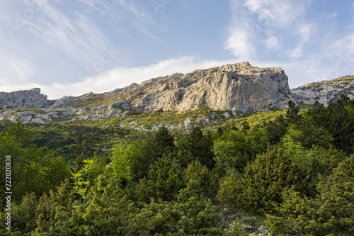 Big rock. Landscape rocky mountains national park "Paklenica" in Croatia. Peaks of rocky hills with occasionally vegetation.