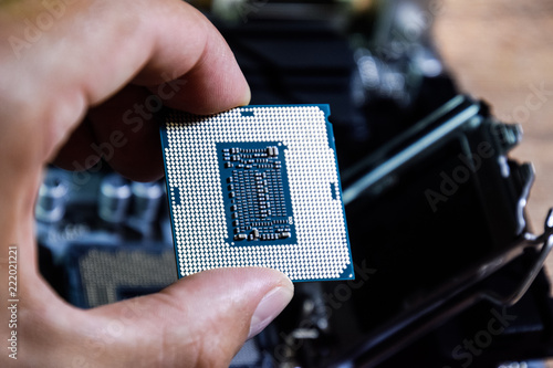 The processor is a desktop computer in hand. Inspect the CPU contacts before installing. photo