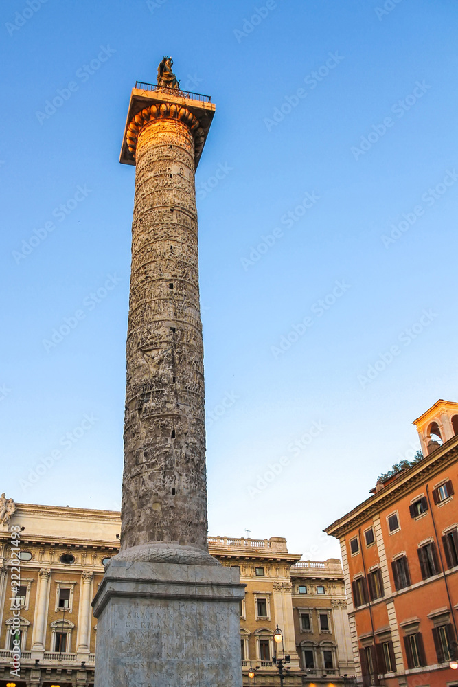 View on the ancient ruins of Marco Aurelio in Piazza Colonna Rome, Italy on a sunny day.