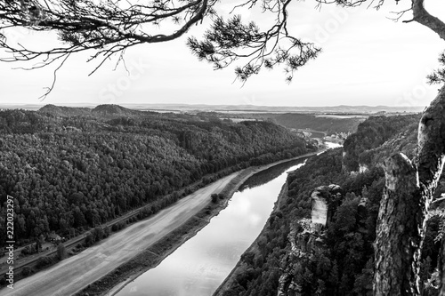 Landscapes of Saxon Switzerland - is the German part of Elbe Sandstone Mountains. The valley of the river Elbe. Black and white.