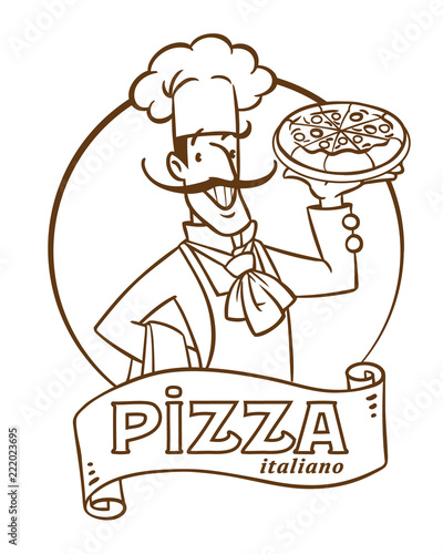 Funny italian chef with pizza. Emblem design