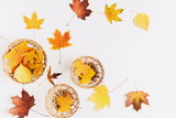 Autumn composition. Pattern made of autumn dried leaves on white background. Creative autumn concept. Flat lay, top view, copy space 