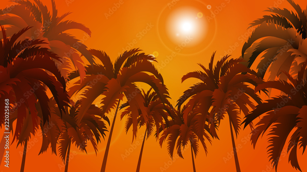 Vector landscape of palm trees on a background of abstract sky and sun. EPS 10.