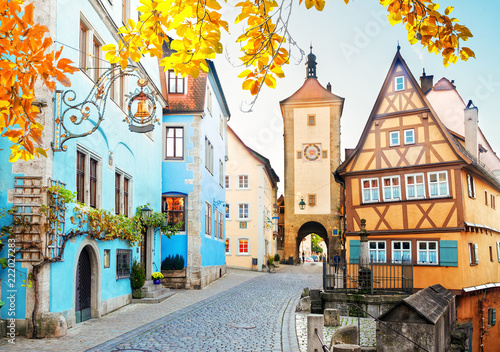 half-timbered houses and city tower of Rothenburg ob der Tauber, Germany at fall photo