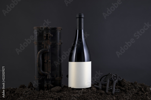 Wine Bottle with grapes in a black background