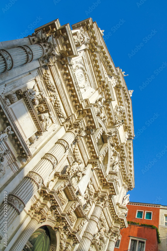 Closeup view on the details of the buildings on the San Marco Square in Venice, Italy on a sunny day.