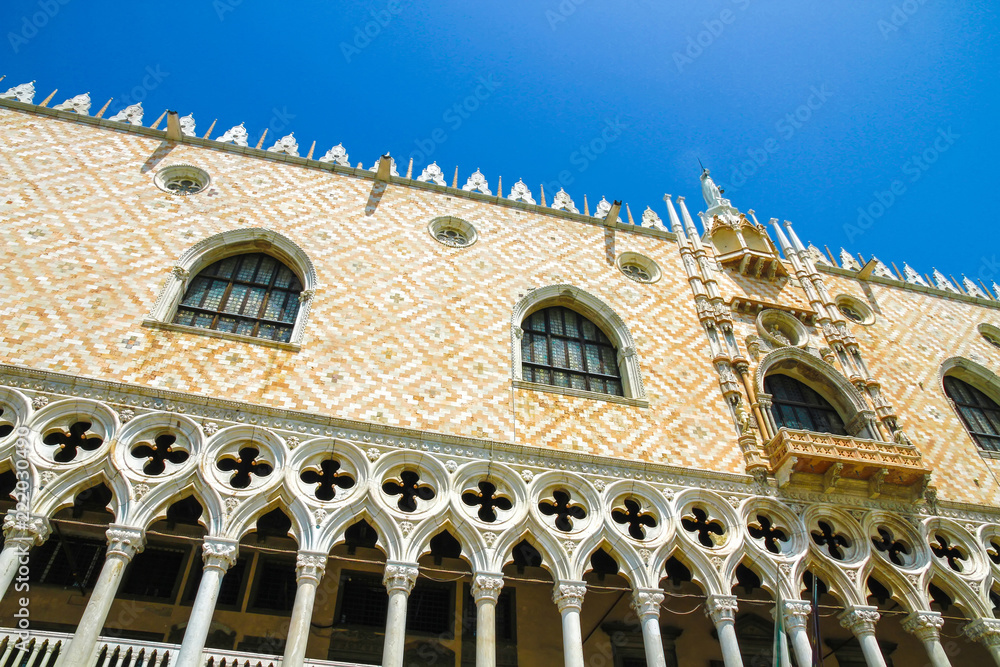 Closeup view on the details of the buildings on the San Marco Square in Venice, Italy on a sunny day.