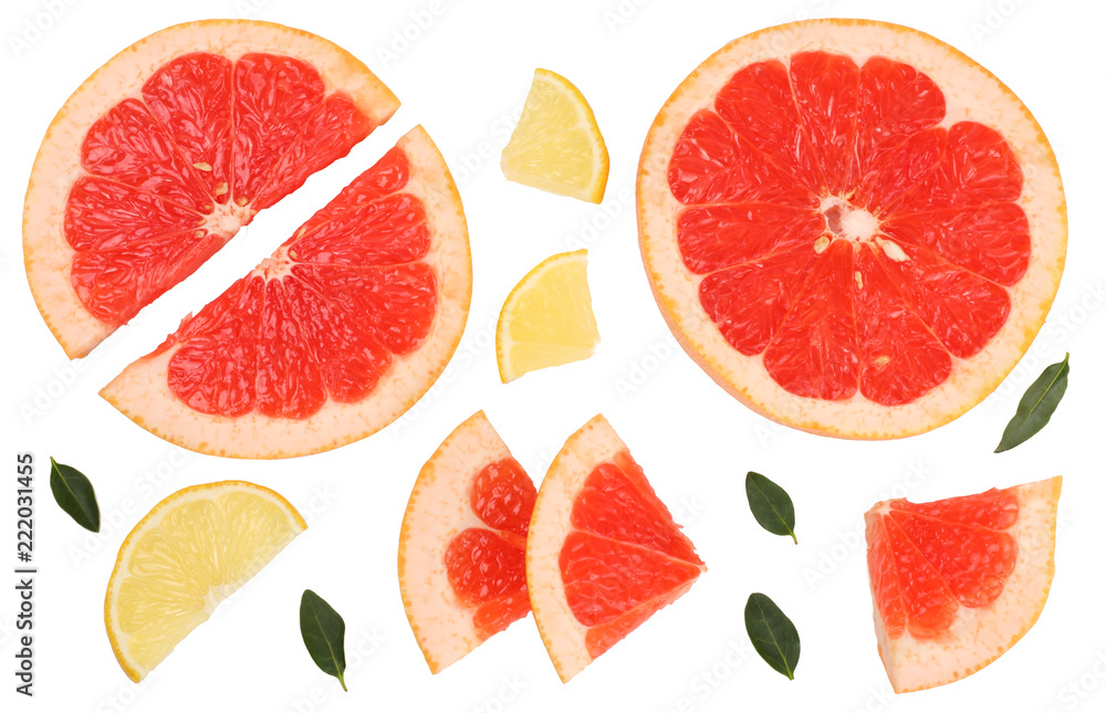 Grapefruit and lemon isolated on white. Flat lay Grapefruit and lemon isolated on white. Flat lay
