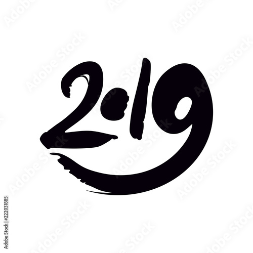Design template with calligraphy for 2019 New Year. Black number 2019 hand drawn lettering on white background. Vector illustration.
