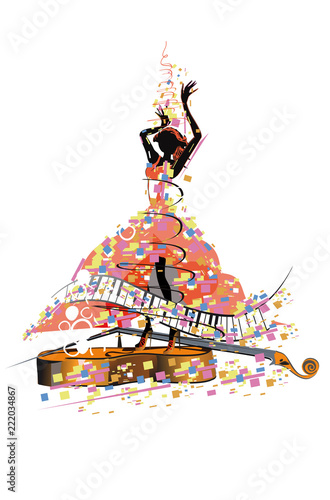 Abstract colorful musical poster with a daancing girl.
 Salsa festival. Hand drawn poster background.